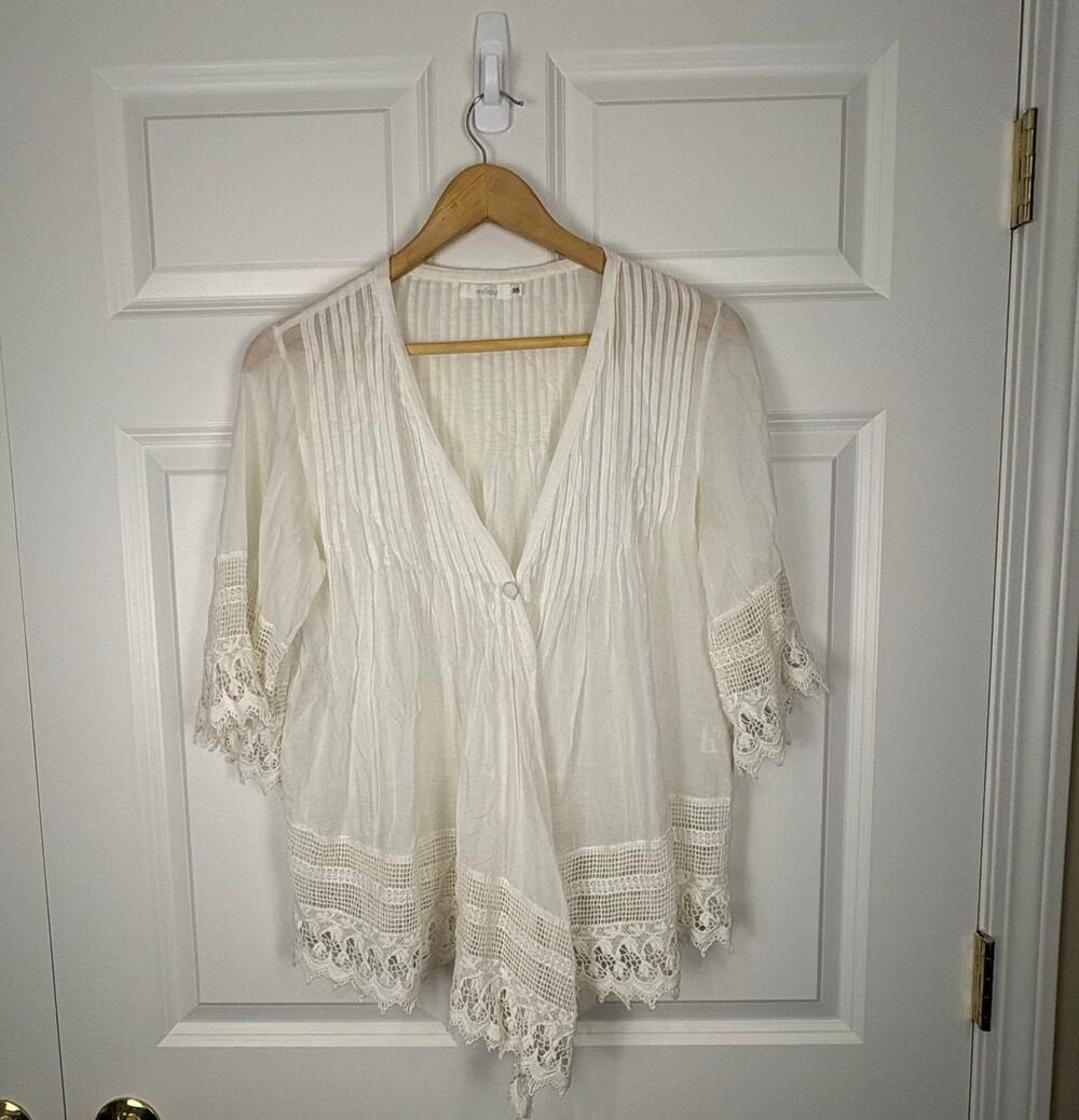Millau White Lace Short Sleeve Cardigan Bohemian Beach Lightweight Vacation XS